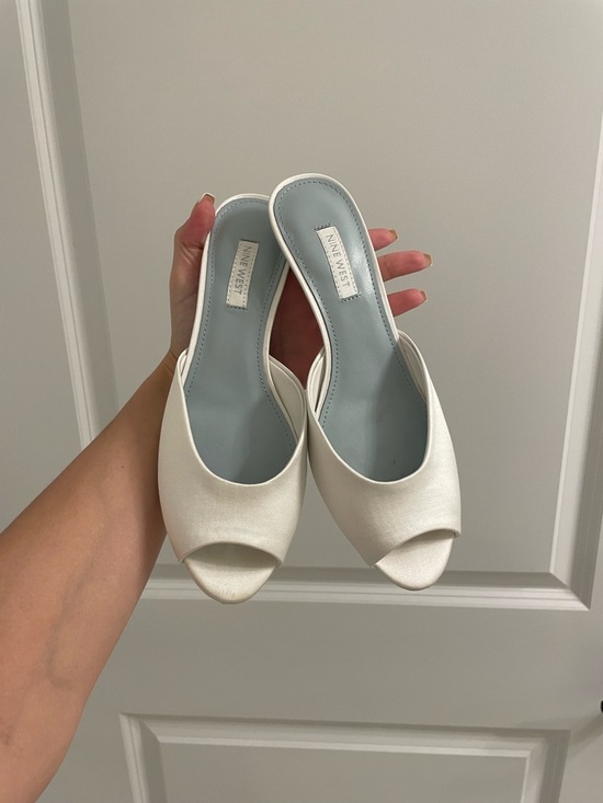 Nine West Shoes - Nine West White Satin Peep-Toe Mules
